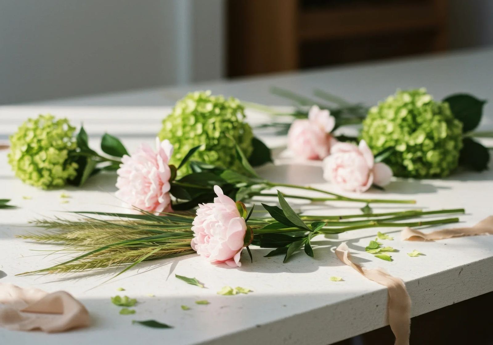 Pink peonies, green hydrangeas and grasses lie on a white counter among loose leaves and peach ribbon.