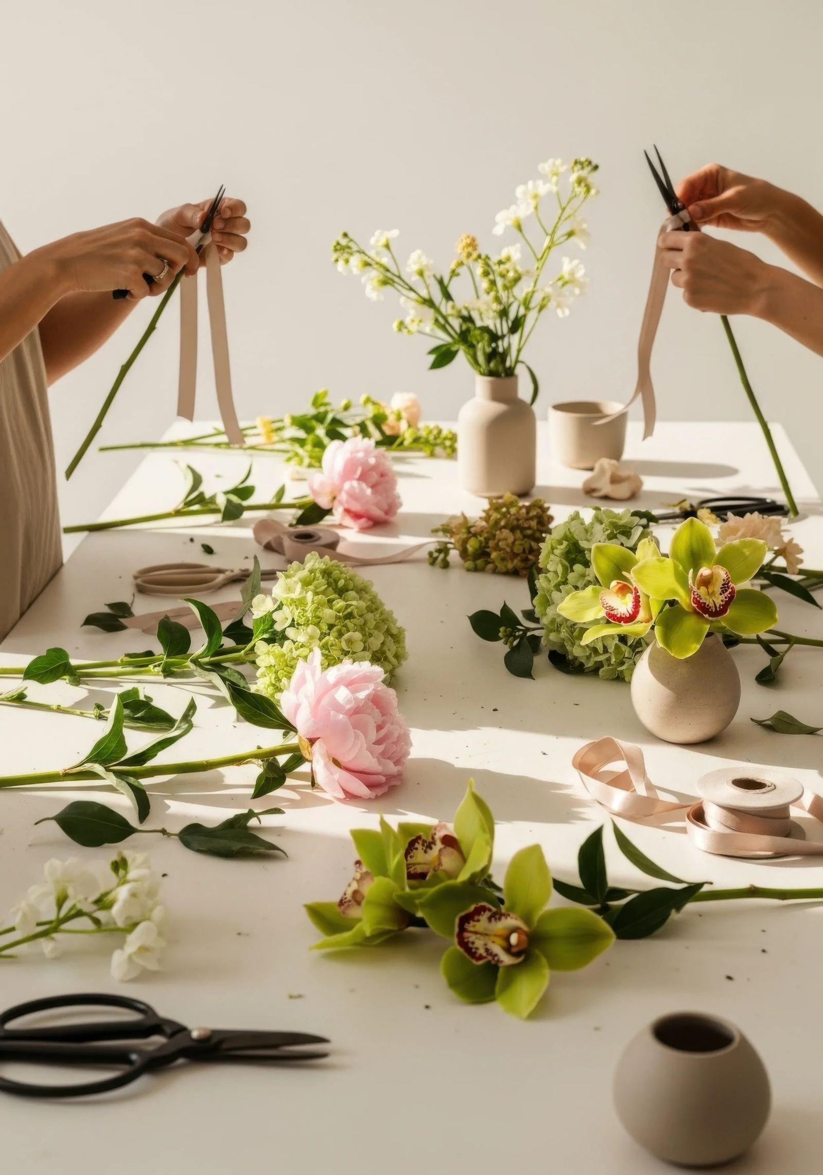 Two pairs of hands tie ribbon onto flower stems at a long white table covered with peonies, hydrangeas, orchids, scissors and vases.